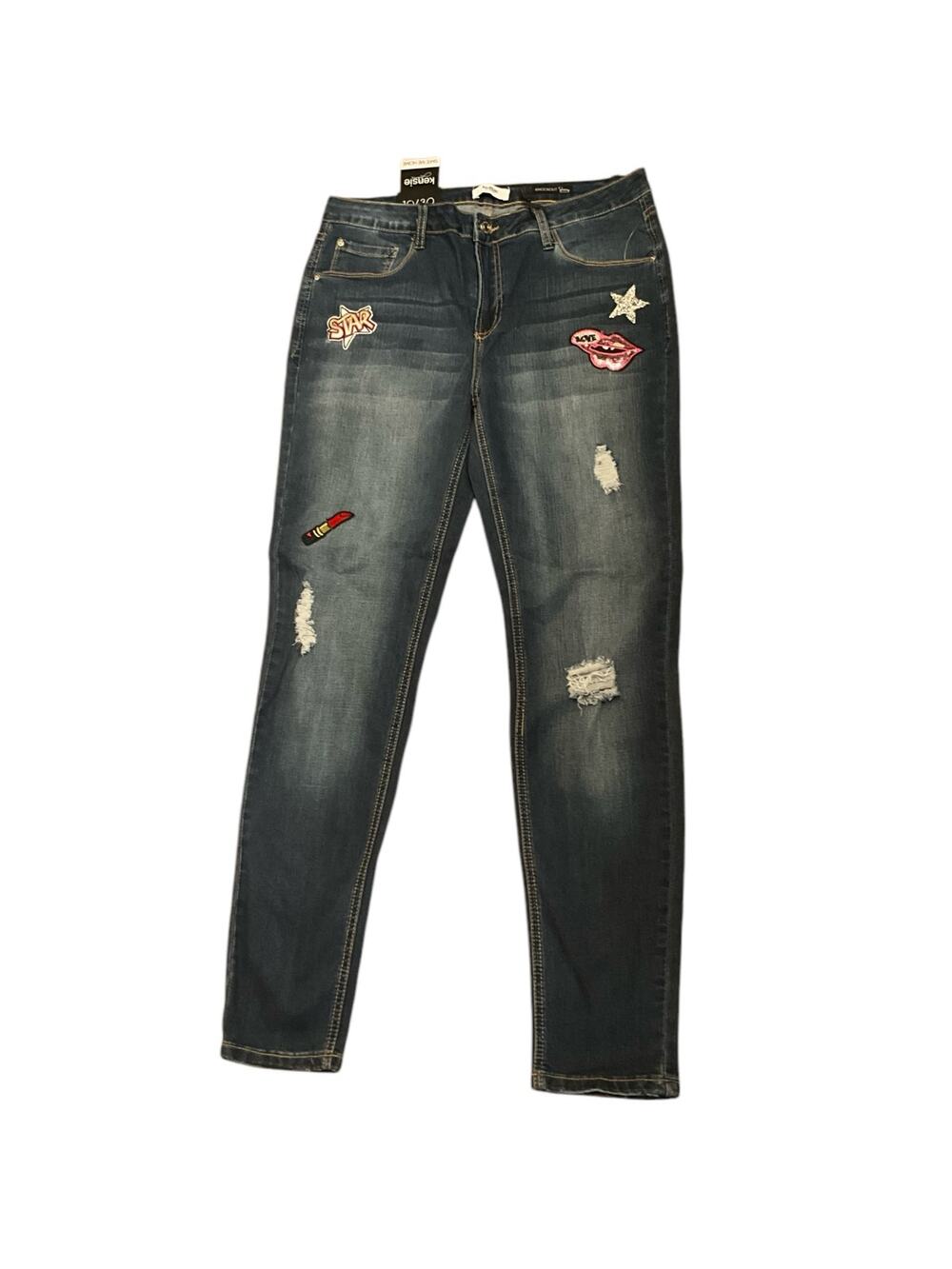 Kensie Knockout Skinny Jeans Women 10 Blue Denim Distressed Embroidered Mid Rise